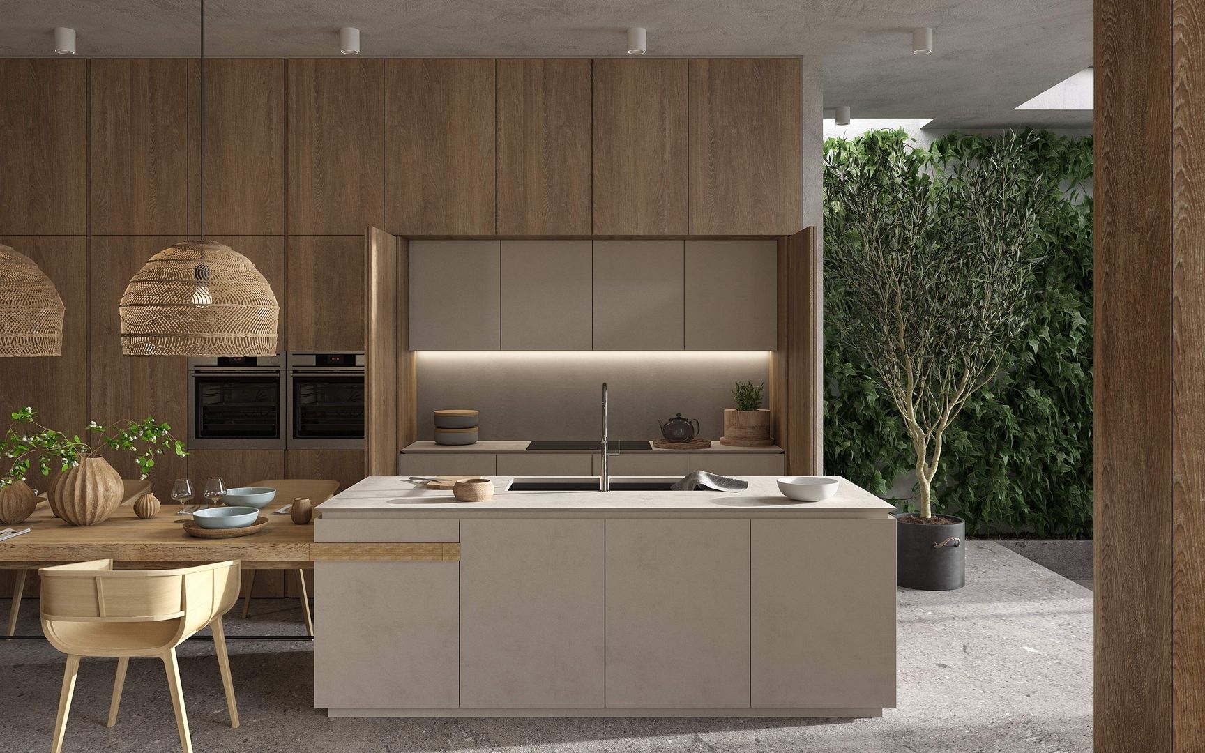 Moderne Küche mit Holzvertäfelung